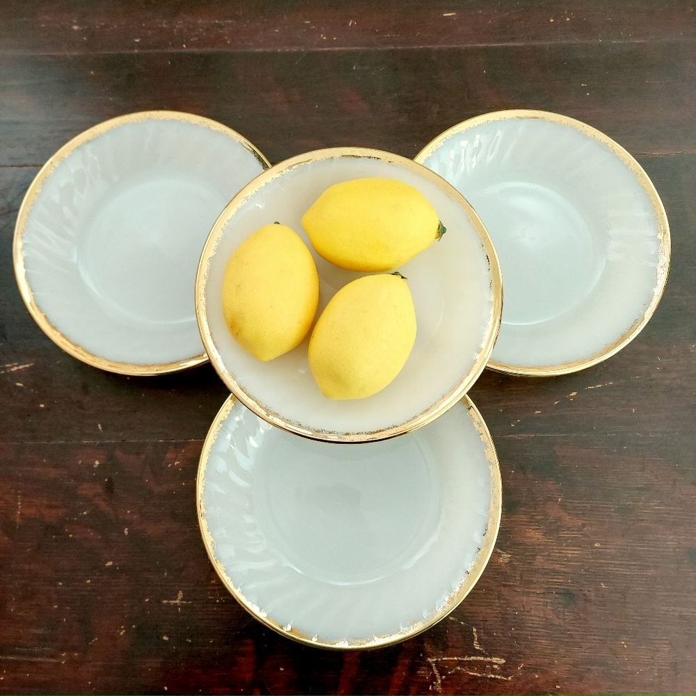 4pc Fire King White Swirl Gold Edge Coupe Salad Bowl Set Anchor Hocking Ovenware